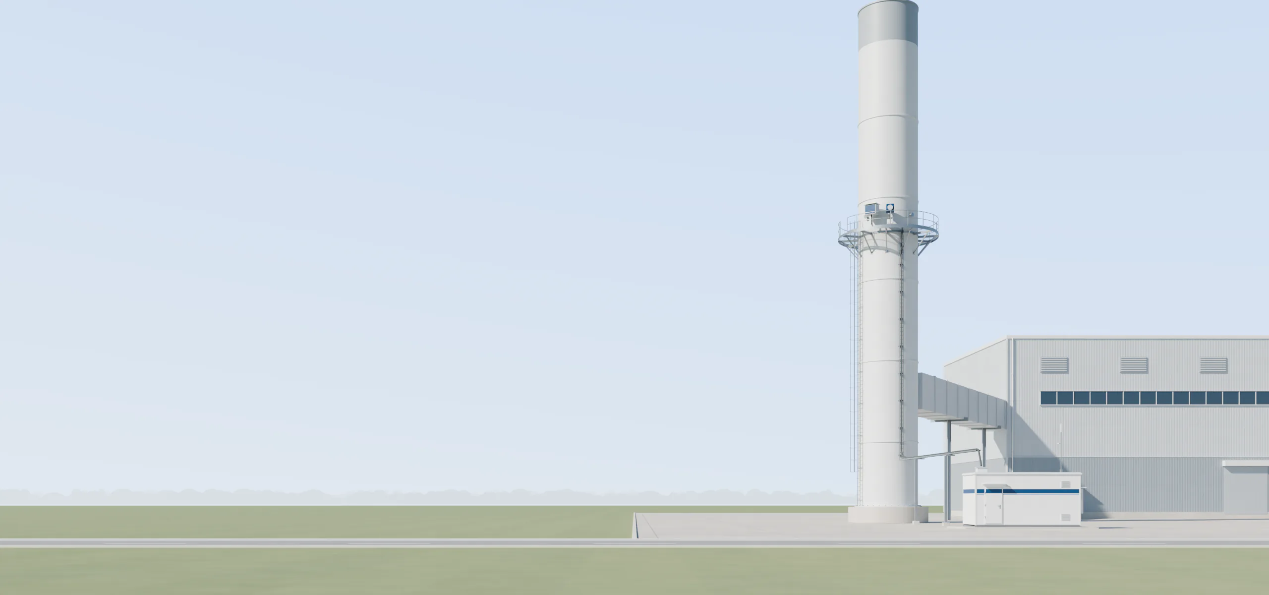 Cerobong industri dengan platform pengukuran CEMS dan shelter analyzer di dasarnya