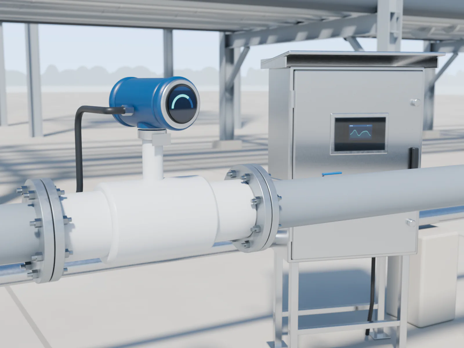 Pipe rack proses dengan flow transmitter dan analyzer cabinet