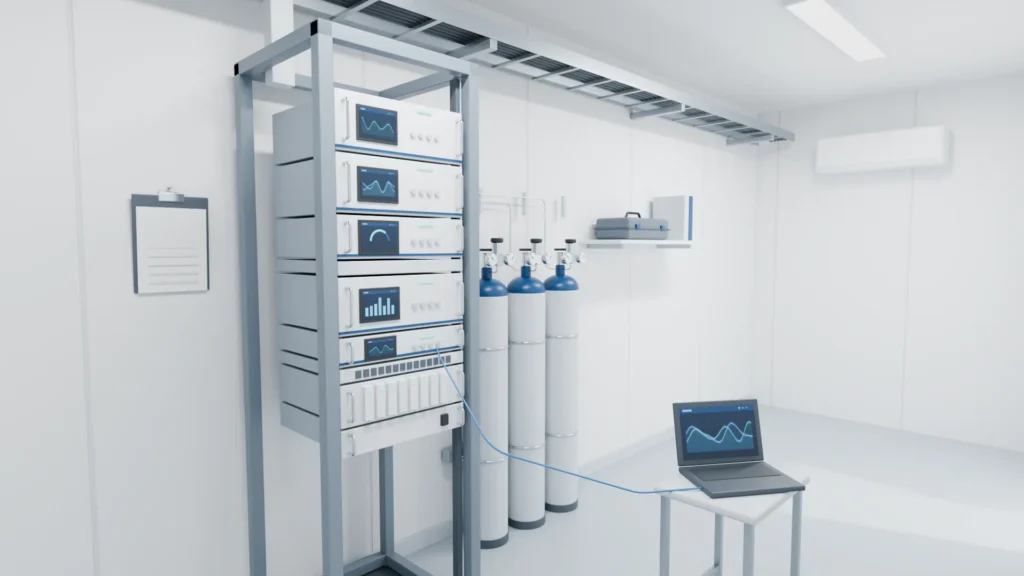 Rak analyzer dan tabung gas kalibrasi di dalam shelter analyzer