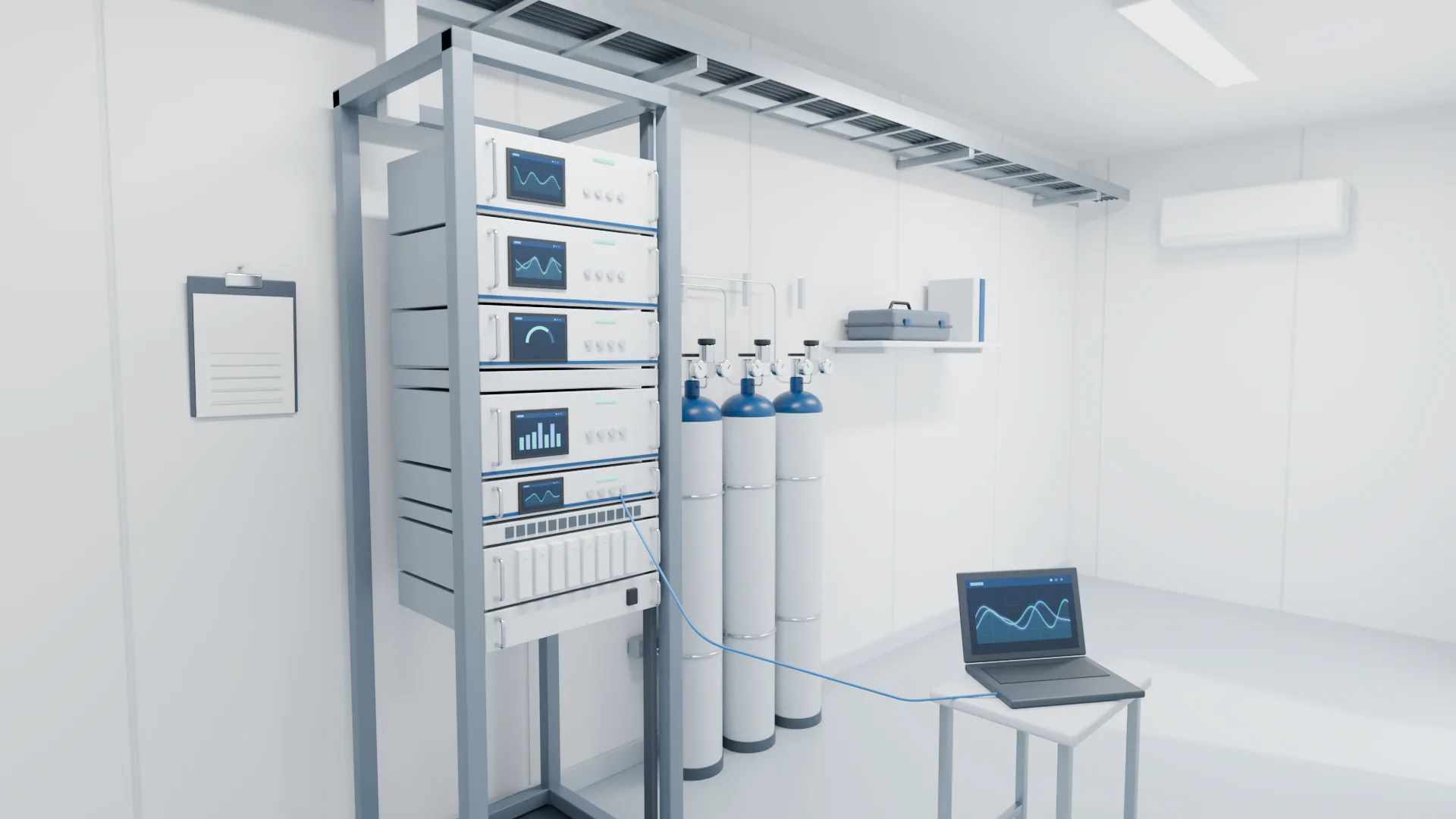 Rak analyzer dan tabung gas kalibrasi di dalam shelter analyzer